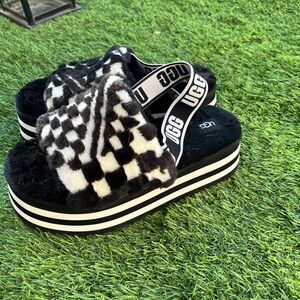 UGG Black and White Fuzzy Platform Sandals